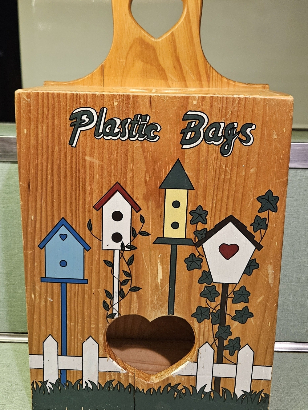 Wooden 'Plastic Bags' Holder with Birdhouse Design - Orange Finish